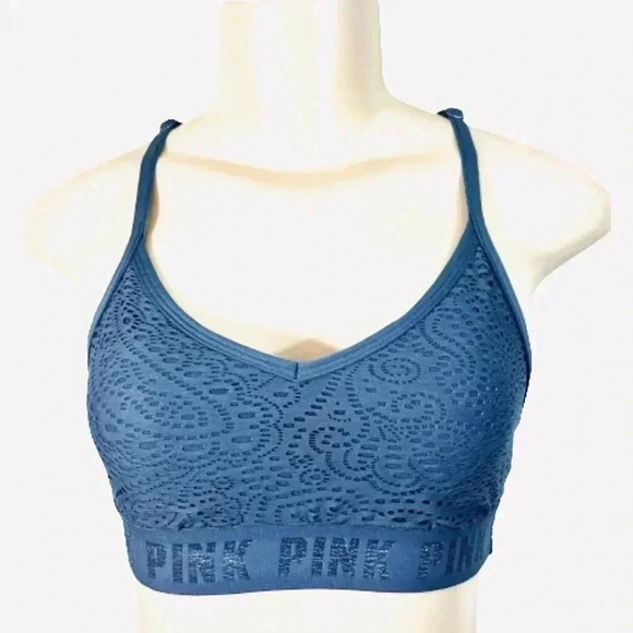 PINK VICTORIA SECRET CROCHET BLUE PADDED SPORTS BRA SIZE XS - Picture 1 of 7
